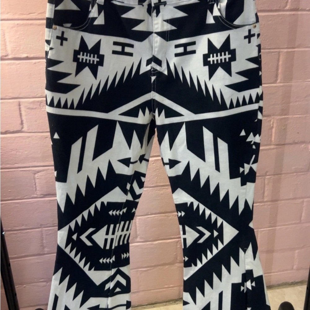 Aztec Print Flare Jeans - Black and White
